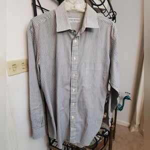 Men's long sleeve dress shirt. Grey and white stripes, front pocket, button clos